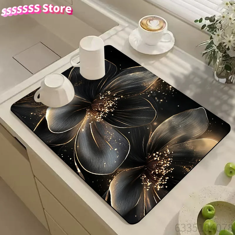 Dish Drying Mat, Black Floral Drainage Mat, Coffee Machine Mat, Kitchen Tabletop Accessory, Fashion Print Drip Mat, Kitchen Uten