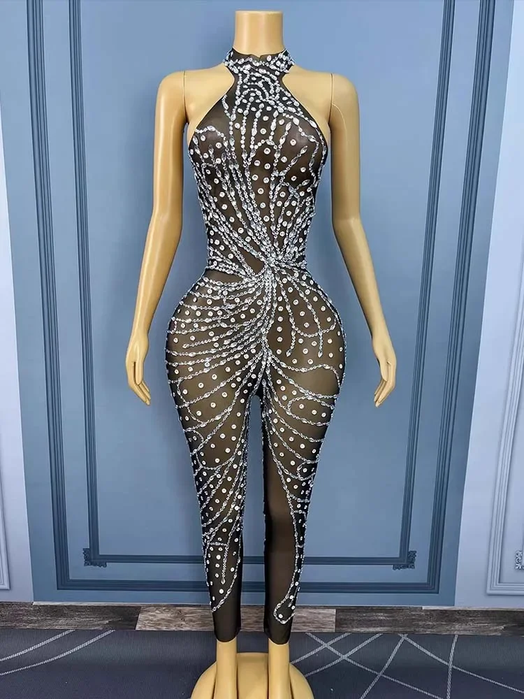 

Black Transparent Silver Rhinestones Sleeveless Jumpsuits Sexy Women Celebrate Luxury Bodysuits Party Show Collection dancer