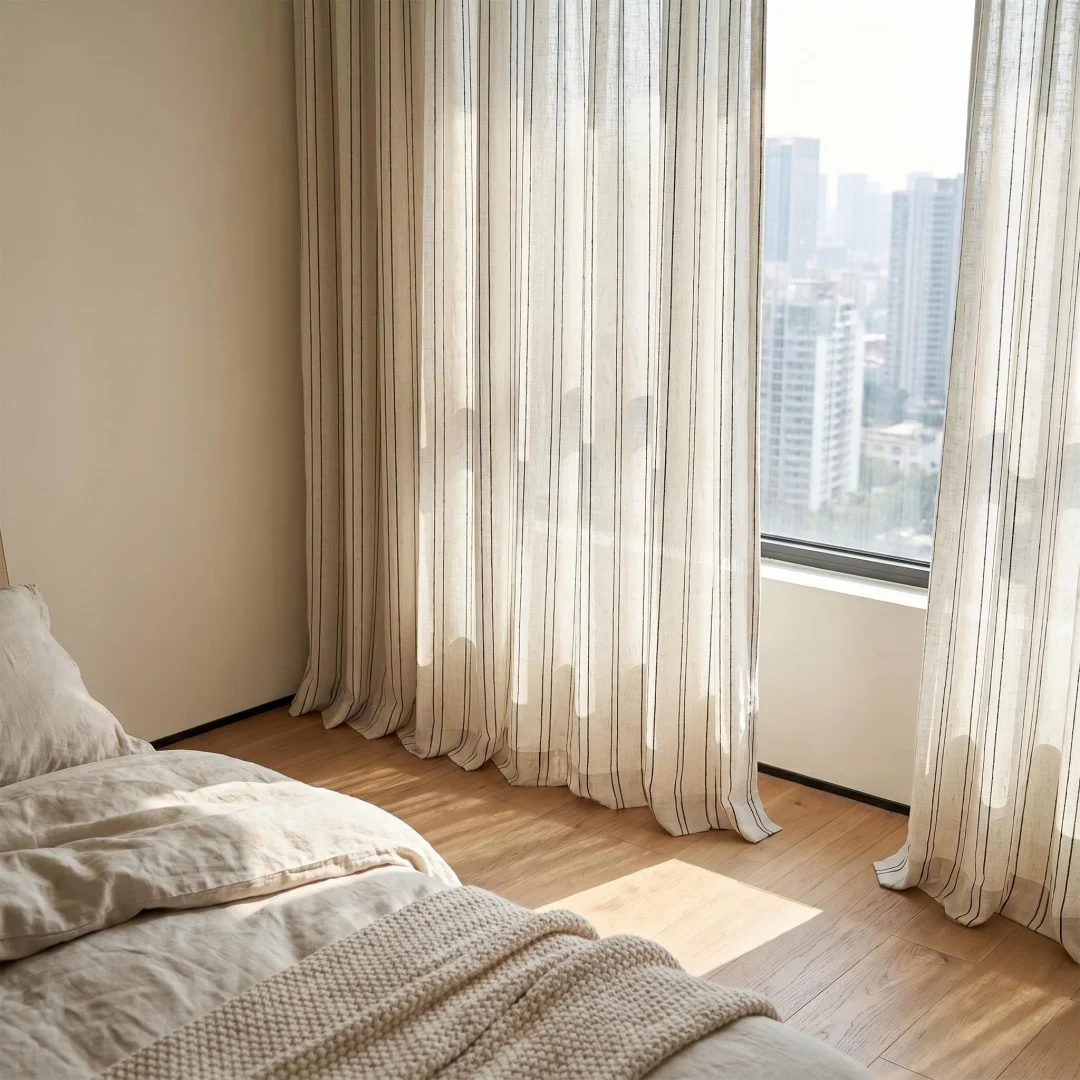 Farmhouse Neutral Striped Linen Window Curtain Rustic Breathable Semi Sheer Drape For Apartment Home Decor