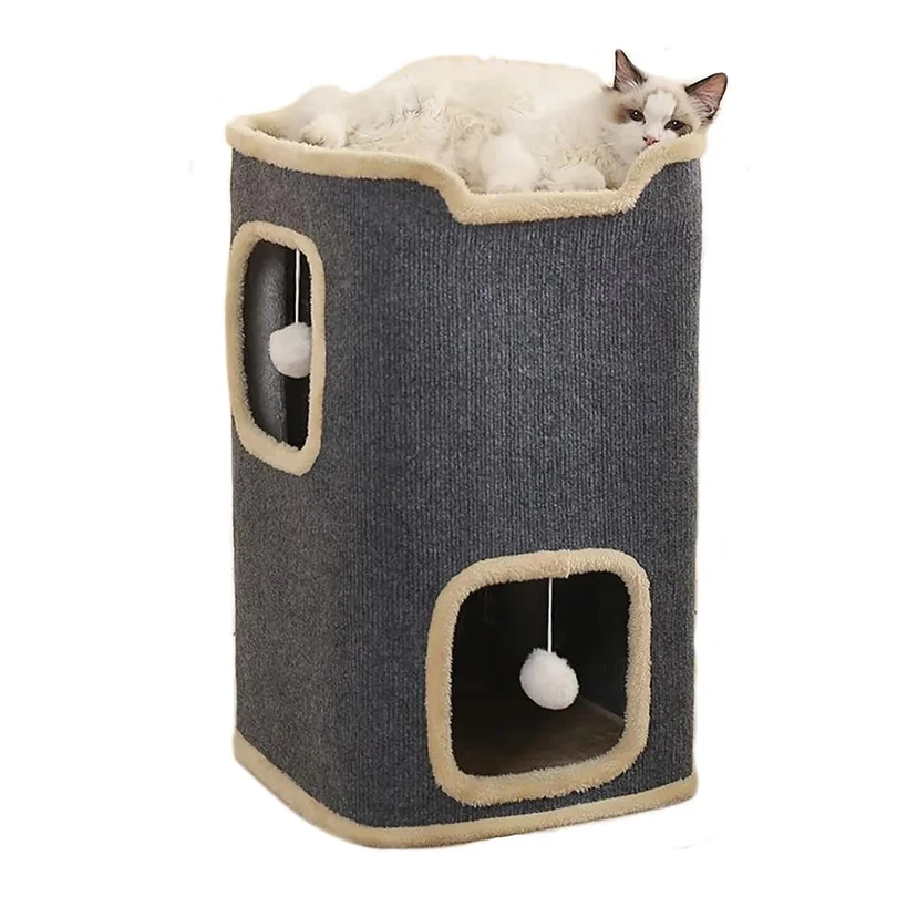 Winter 2 Layer Cat House for Indoor Cats, 24'' Durable Cat Cube Playhouse with Dangling Balls, Perfect for Multiple Pets