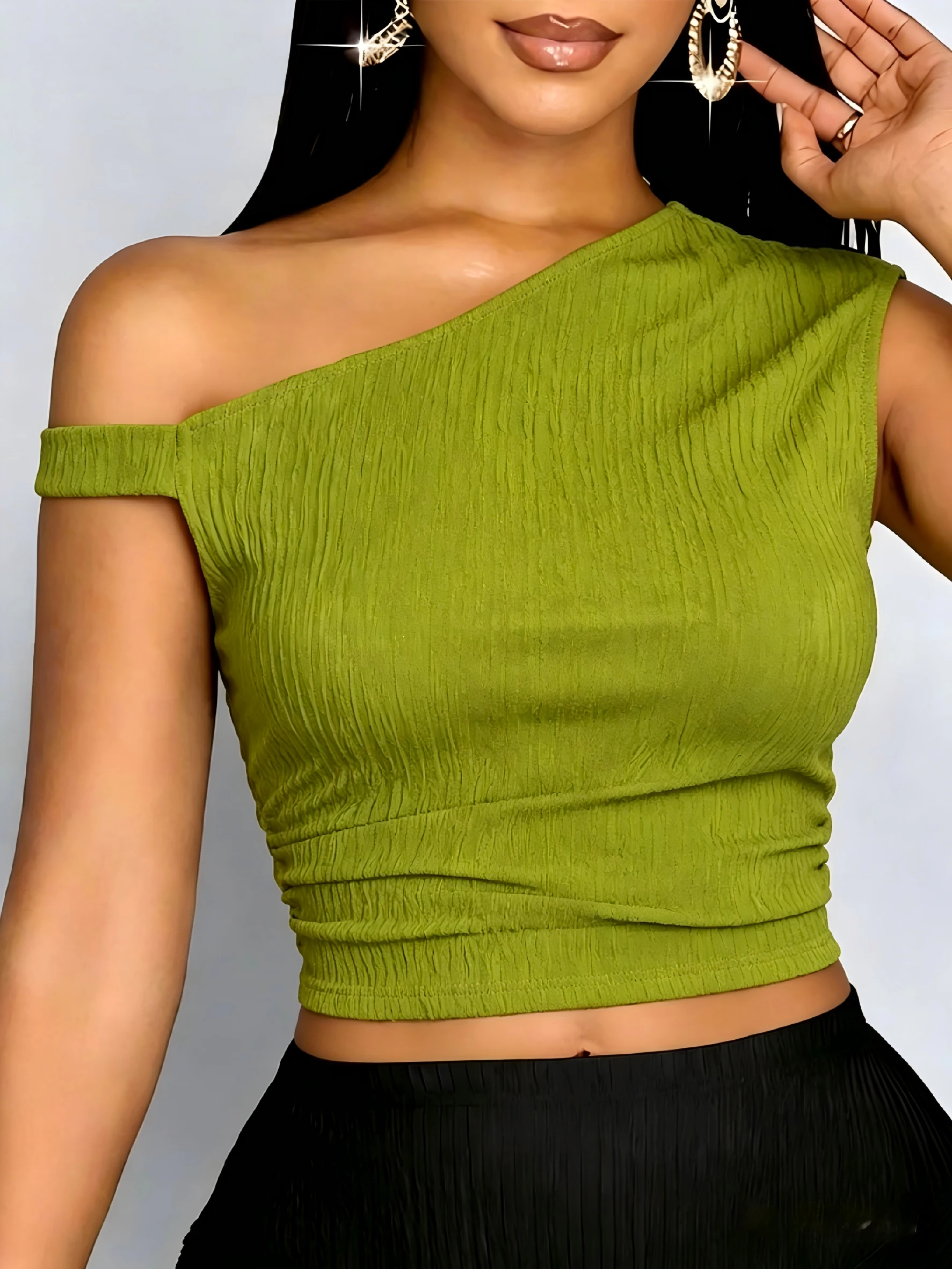 Summer Solid Color Asymmetric Collar Bared Shoulder Slim Fit Pleated Top Sexy Base Shirt for Women