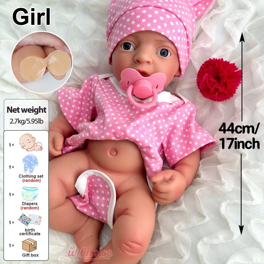 44 cm corpo intero morbido silicone rinato bambina morbida realistica pelle 3D bambola ponderata dettagli realistici regalo per pazienti da demenza