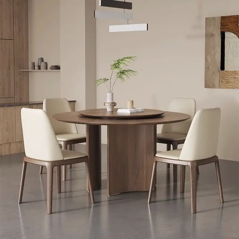 

Nordic solid wood round dining table and chair combination household small apartment with turntable round dining table North