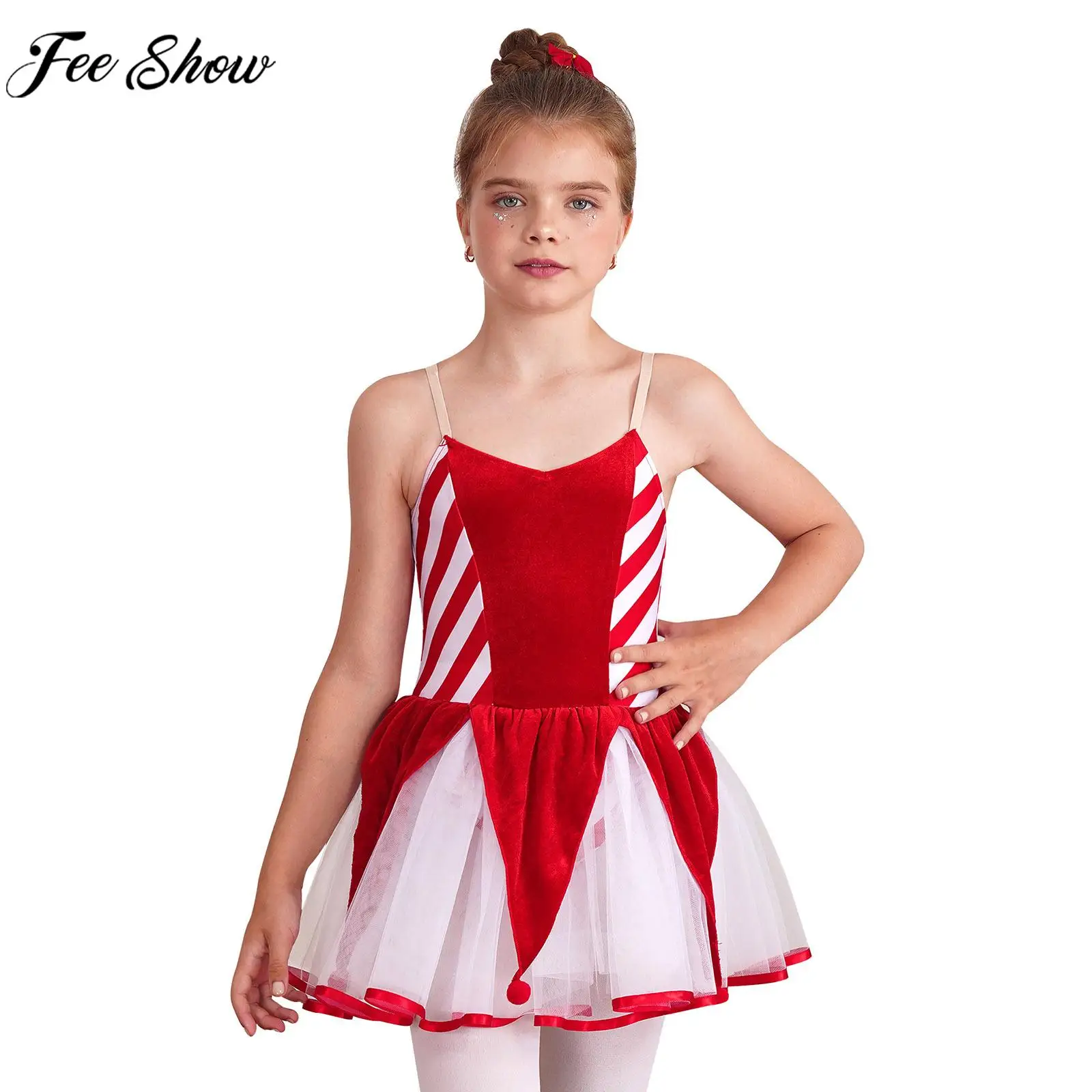 Children Girls Christmas Ballet Tutu Dance Dress Sleeveless Striped Gymnastic Leotard Halloween Xmas New Year Cosplay Costume