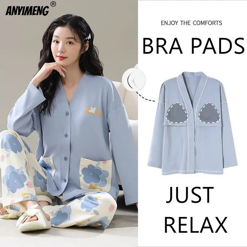 Bra Pads Kimono V-neck Women Pajamas Set Spring New Fashion Woman Sleepwear Casual Long Sleeves Pijamas M-3XL Lady Nightwear Pjs