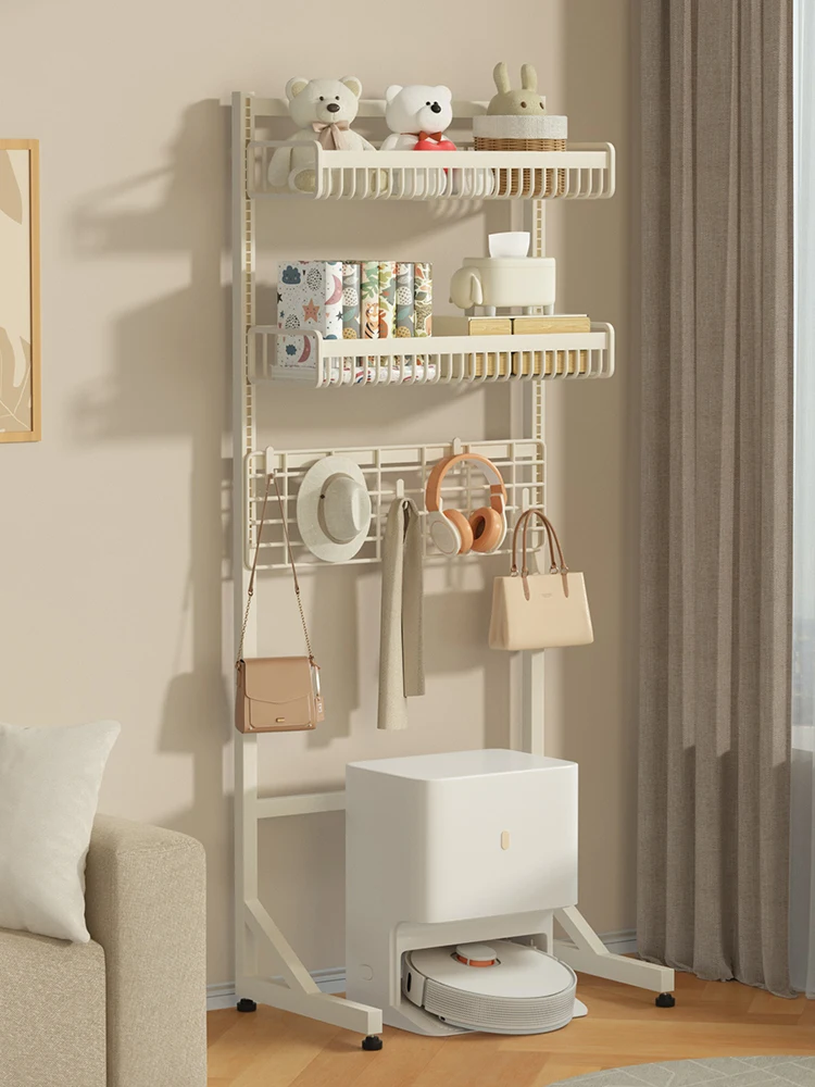 #Sweeping robot, floor-to-ceiling storage cabinet above the shelf, trash can, sofa side, living room multi-layer display rack