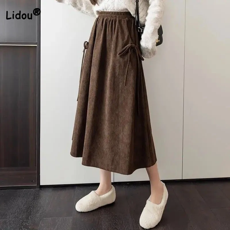 

Women's Clothing Vintage Elastic High Waist Solid Skirt Autumn Winter All-match Casual Lace Up Spliced A-Line Skirts for Female