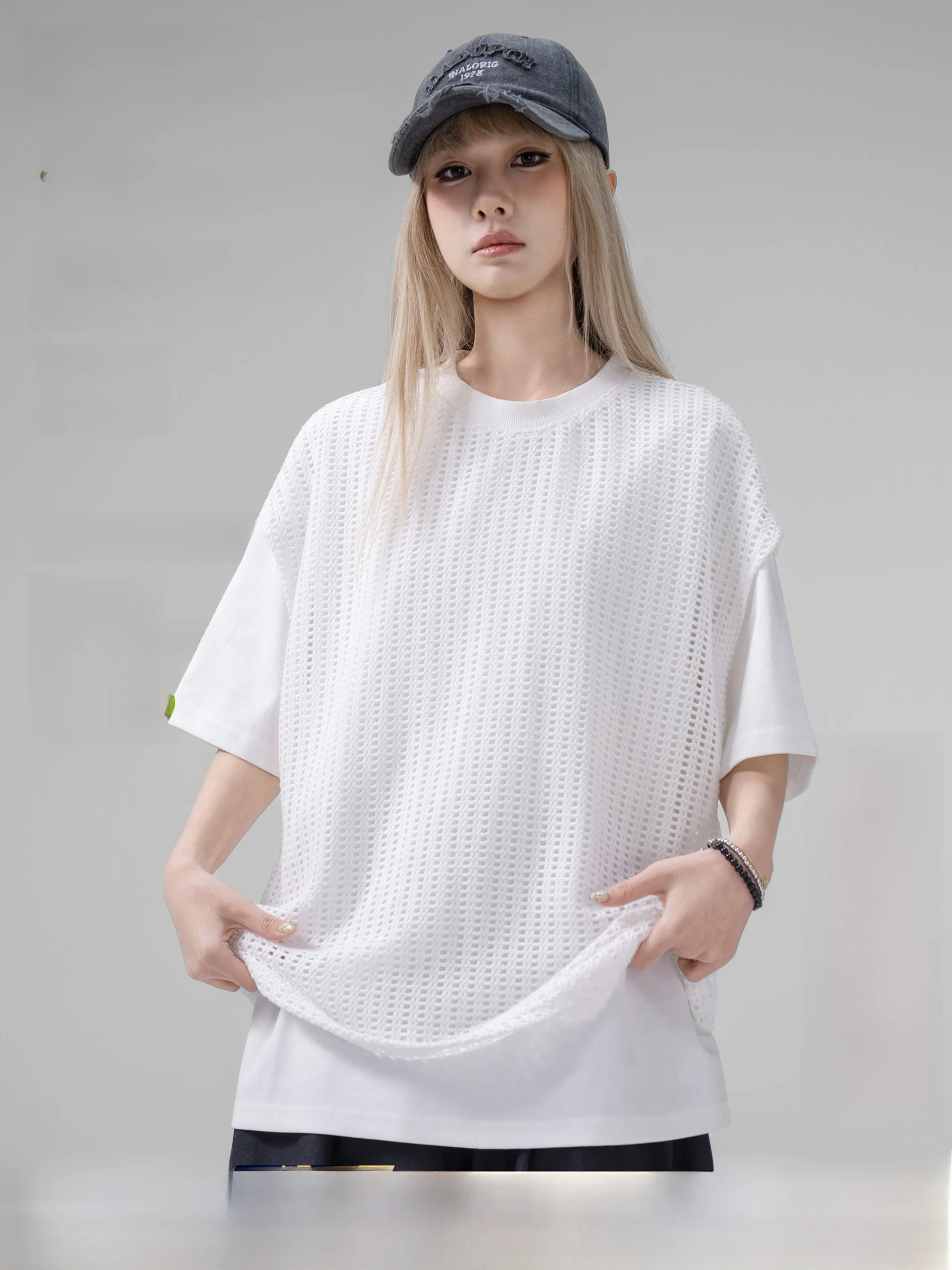 AOGZ Ice Silk Cool Feeling Hollow out Short Sleeve T-Shirt Men's Summer Design Sense Five-Quarter Sleeve Loose Fit Casual Style