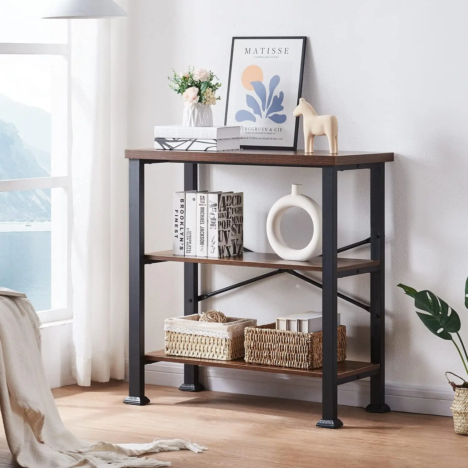 HOMBAZAAR Bookshelf, 3-Tier Vintage Industrial Book Shelf, Rustic Wood and Metal Bookcase and Bookshelves, Free Standing