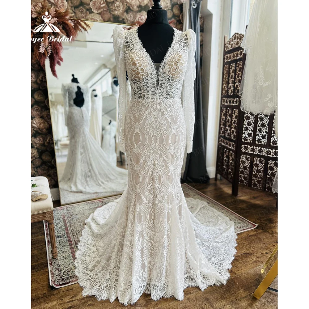 

Roycebridal Full Lace Mermaid Boho Wedding Dress For Women 2025 V Neck Long Sleeves Court Train Vestido De Novia Boda Customized