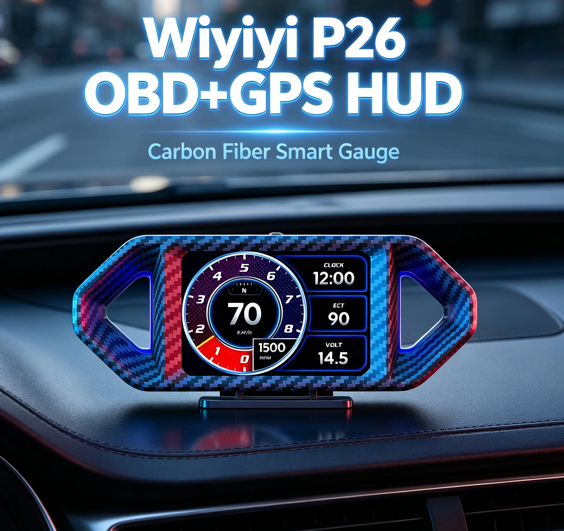 12-Language OBD2+GPS+Slope meter P26 LCD Car Windshield HUD Hollow-out Ambient Light  with OverSpeed/RPM/Water Temp Alarms etc.