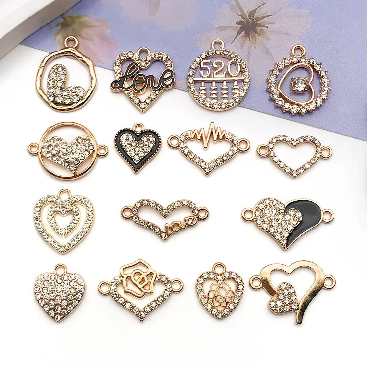 5/15pcs Dot Diamond Heart Double Hanging Chams Pendant Bracelet Connector DIY Discovery Jewelry Accessories Handmade Crafts