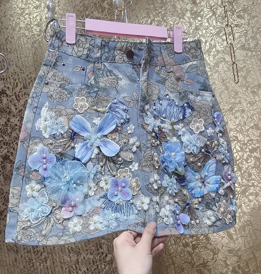 Exquisite Woman Colorful 3D Petals Embroidery Pearls Beaded A-Line Denim Skirts Fairy Flowers Printed Jeans Skirt Cowboy Dress