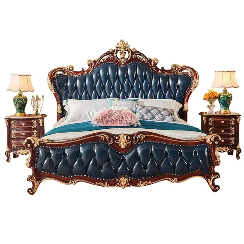 

Luxury Nordic Luxury Aesthetic Bed Queen Size Cheap Cute Salon Bedroom King Bed Modern Wood Leather Matrimonial Room Furniture