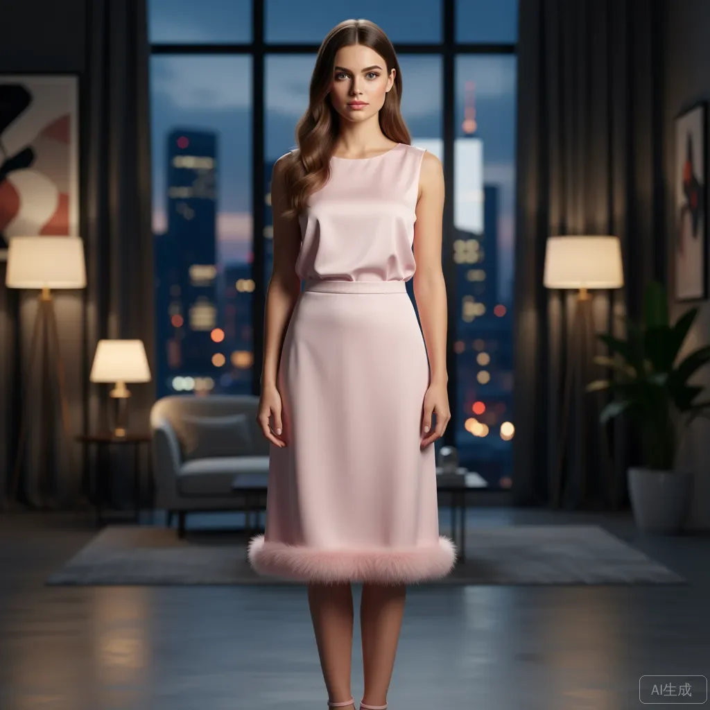 

Dusty Pink Satin Midi Pencil Skirt with Feather Hem Trim Back Plume Elegant Party Skirt High‑Waist Trendy Feather Detail