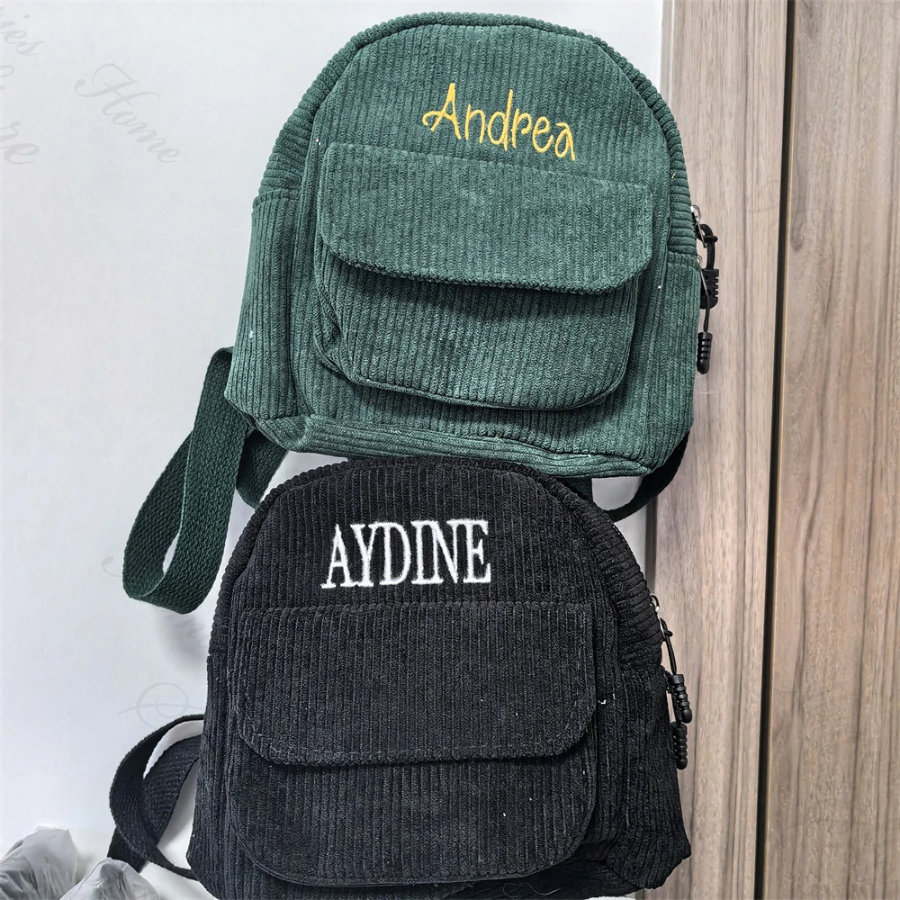 19cm Mini Women's Corduroy Backpack Personalized Name Girls Solid Color Outdoor Shoulder Bag Custom Embroidered Name Gift Bags