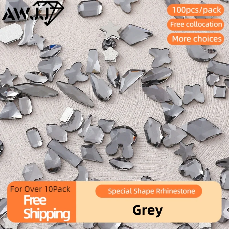 100pcs Exquisite Grey Nail Diamonds High Quality Diverse Shapes Precision Cutting Premium Flat bottom Nail Art Rhinestone