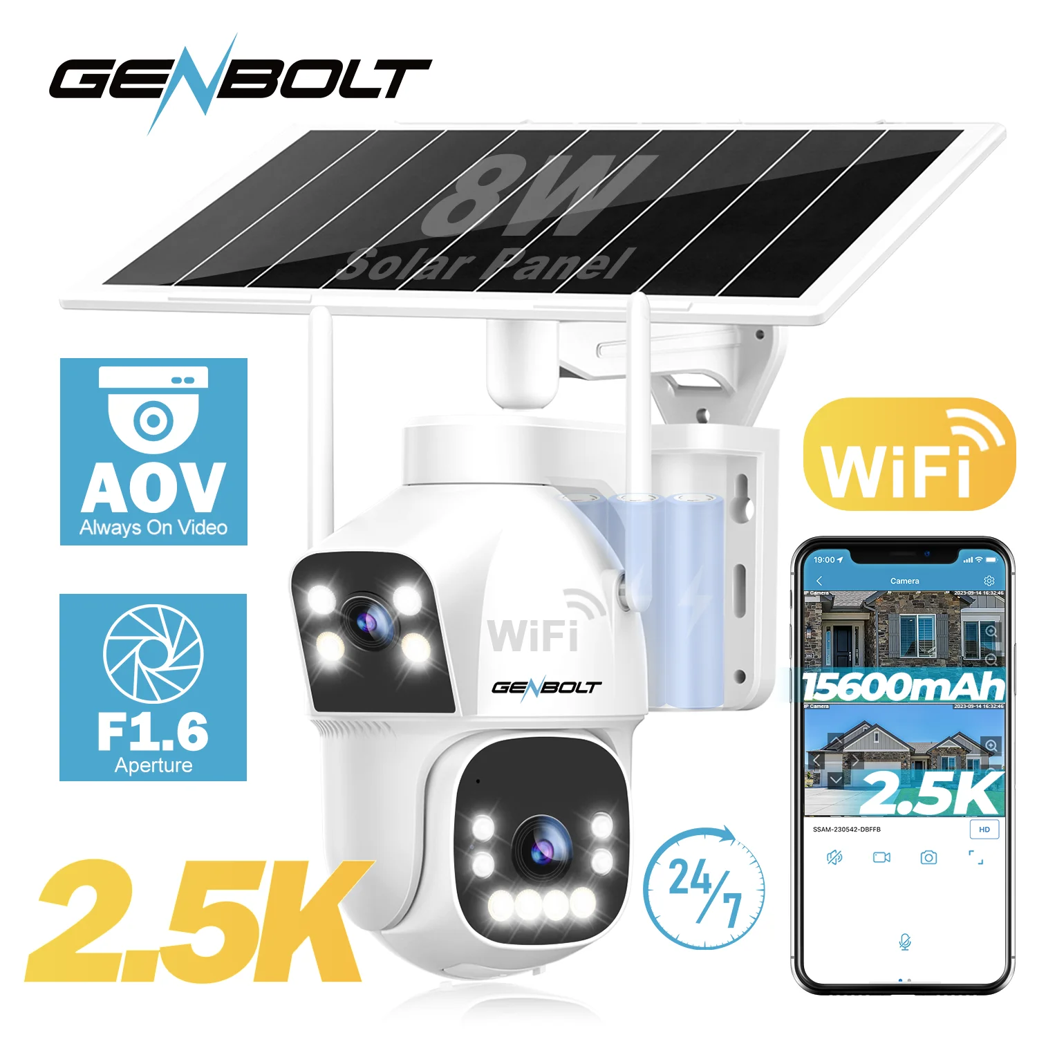 2.5K Outdoor Solar Security WIFI Camera AOV 24/7, Dual Motion Detection, with SIM, 15600mAh Night Vision for Patio/Garage GENBOL