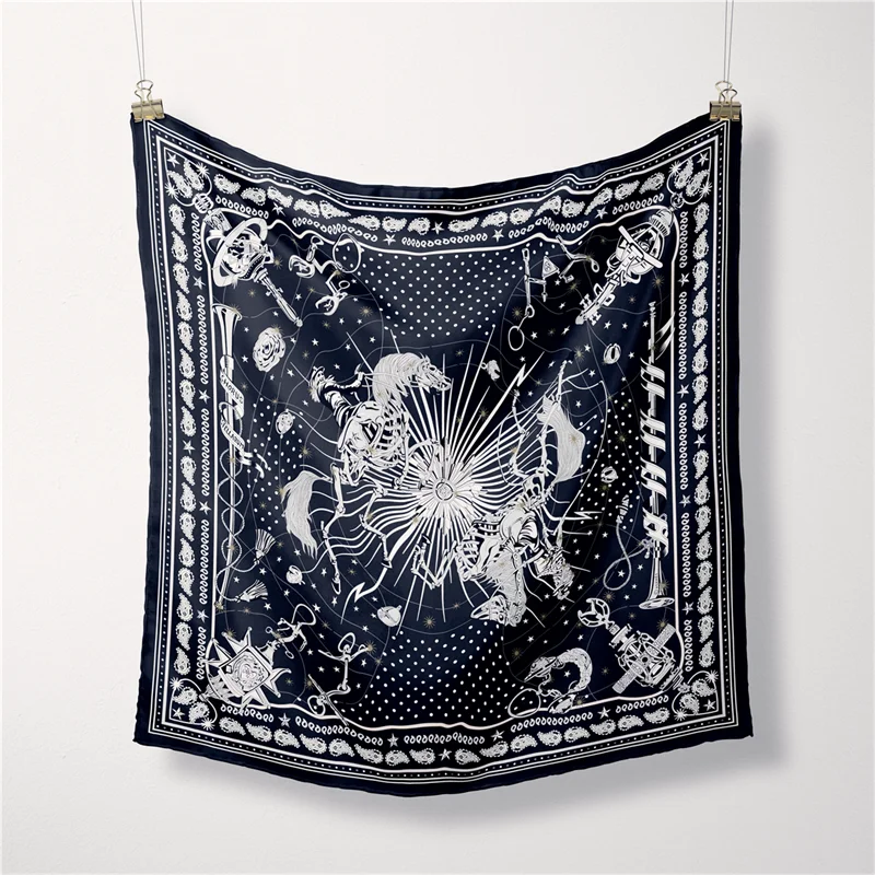 Twill Silk Scarf Woman Geometric Painting Square Scarves Wraps Bandana Small Hijab Silk Foulards Tie Headband Neckerchief 53CM