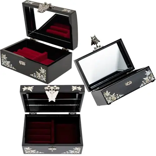 

Black Lacquer Jewelry Box With Mother-Of-Pearl Peony And Butterfly Inlay, Removable Velvet Tray, Mirror Lid, Elegant Gift