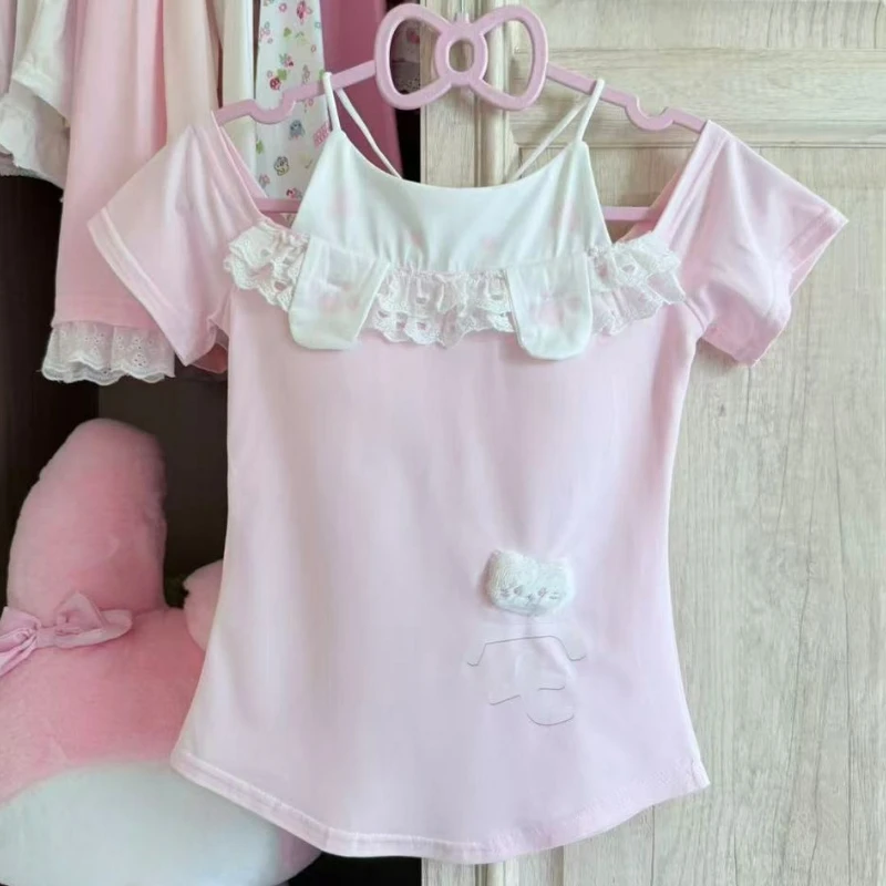 

Японские поддельные футболки из двух предметов Kawaii с героями мультфильмов, женские футболки Y2k с эстетической феей, нерегулярные футболки, летние милые кружевные лоскутные милые топы