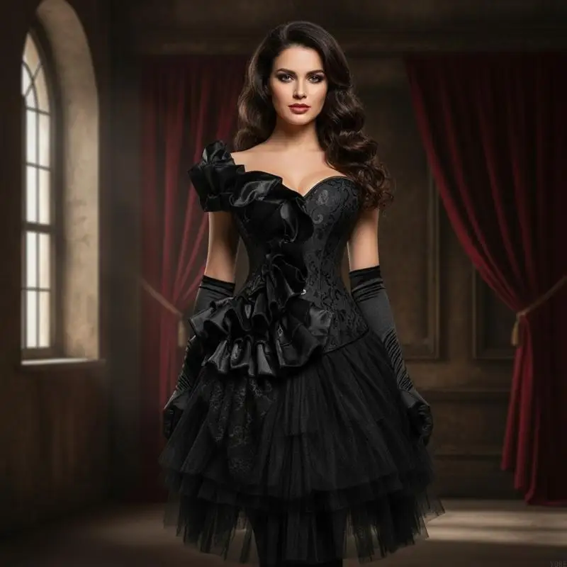 Elegant Courtstyles เอว Cincher สำหรับผู้หญิงอย่างเป็นทางการ Jacquard ลูกไม้ Bustier Corset สำหรับ Masquerades Party Y08E
