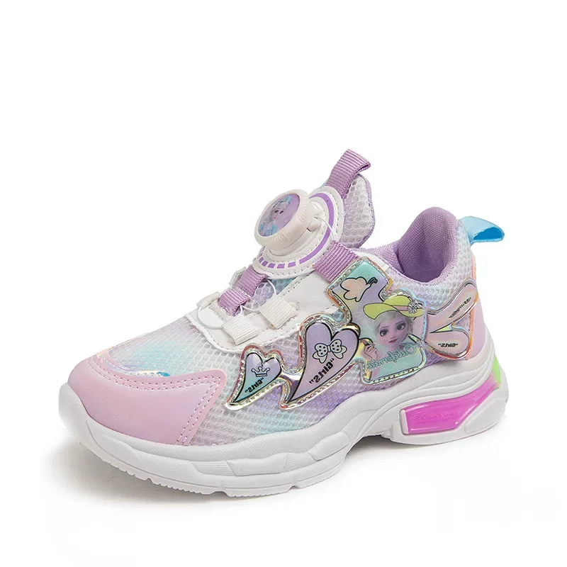 Disney Casual Sneakers Summer Pink Purple Girls Frozen Elsa Princess Print Outdoor Shoes Children Lighted Non-slip Shoes