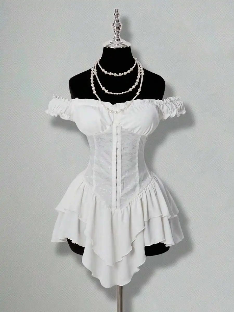 

White Off-Shoulder Corset Mini Dress with Ruffle Hem and Lace Panel