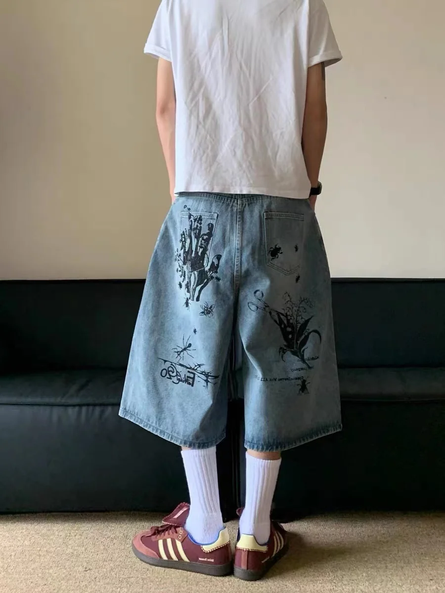 

American Street Sle fiti Insect Men's orts Loose Wide Leg Pants Retro Sle Seven-Foot Medium Pants Trendy Casual orts