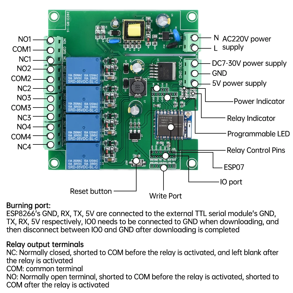 1/2/4/8 Channel ESP-07 WIFI Bluetooth-compatible BLE Relay Module AC90-250V/DC5-30V Power Supply ESP8266 Development Board