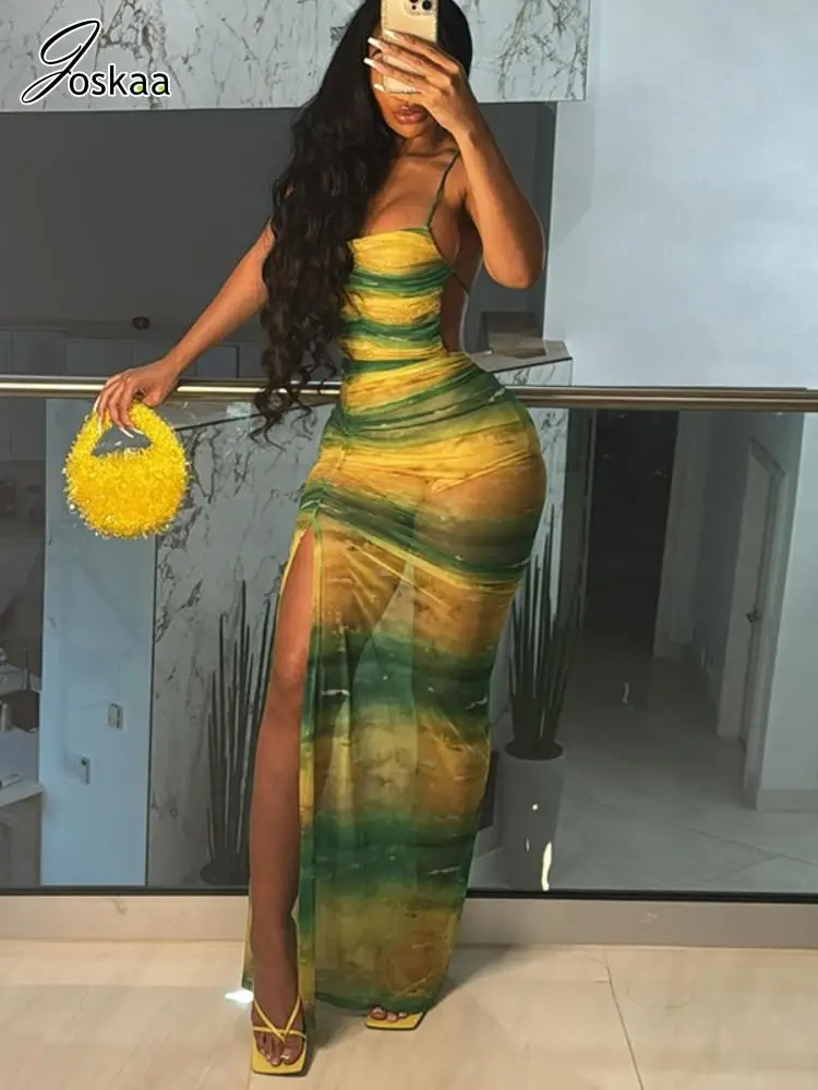 فستان Joskaa مطبوع شبكي شفاف للعطلات الطويلة للنساء مثير بحزام سباغيتي بفتحة عالية بدون ظهر فساتين ضيقة للحفلات والنوادي #1