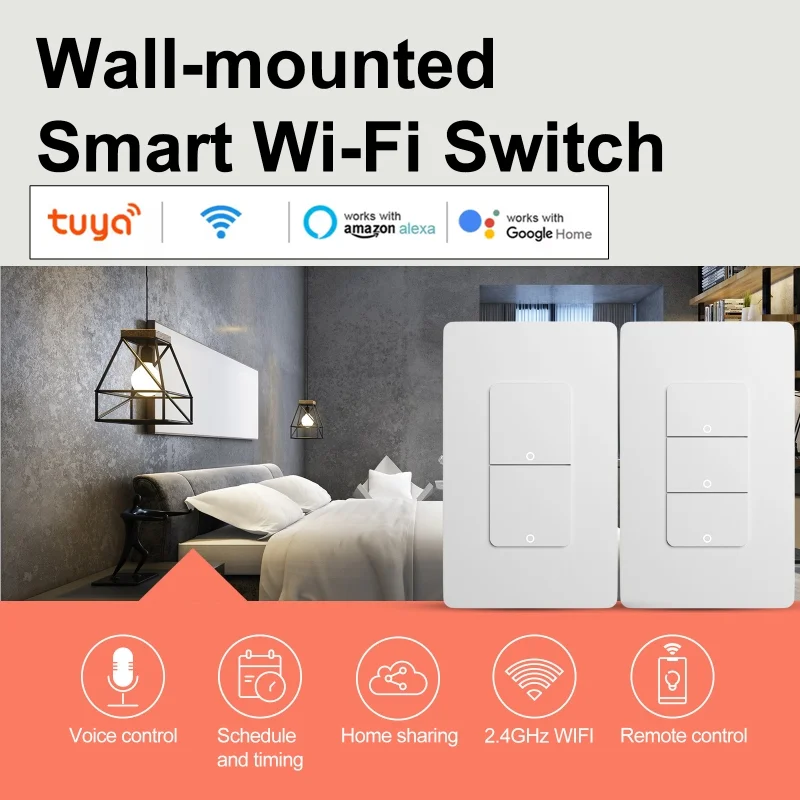

1-4 способа Tuya WiFi Push Smart Switch Кнопка Настенные выключатели света Нейтральный провод Переключатель Беспроводное управление Alexa Google