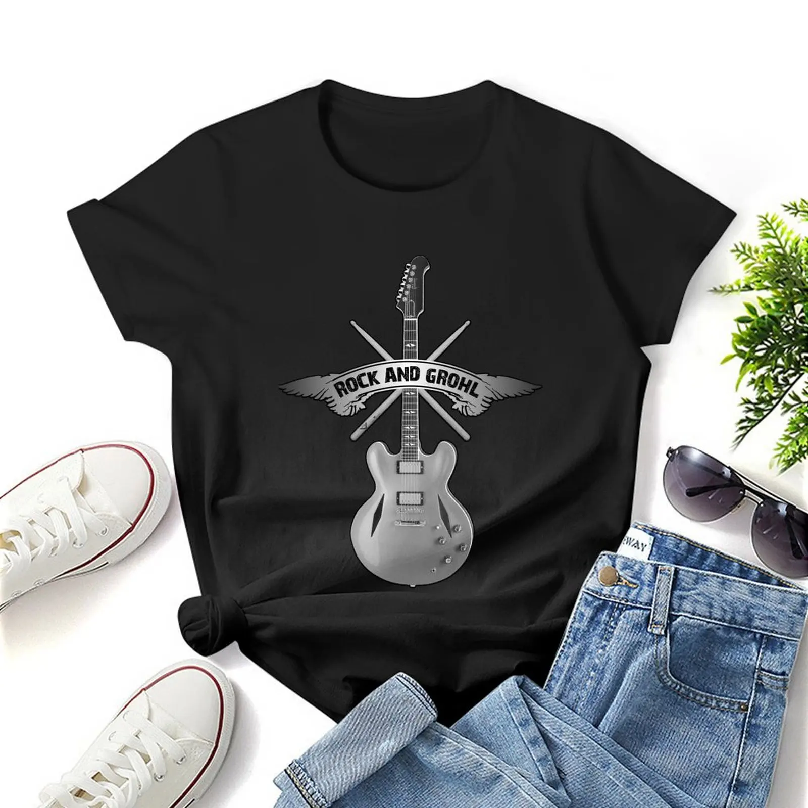 ROCK and GROHL Awesome Drumstick & Guitar ORIGINAL Design! T-Shirt graphics western t shirts for Women