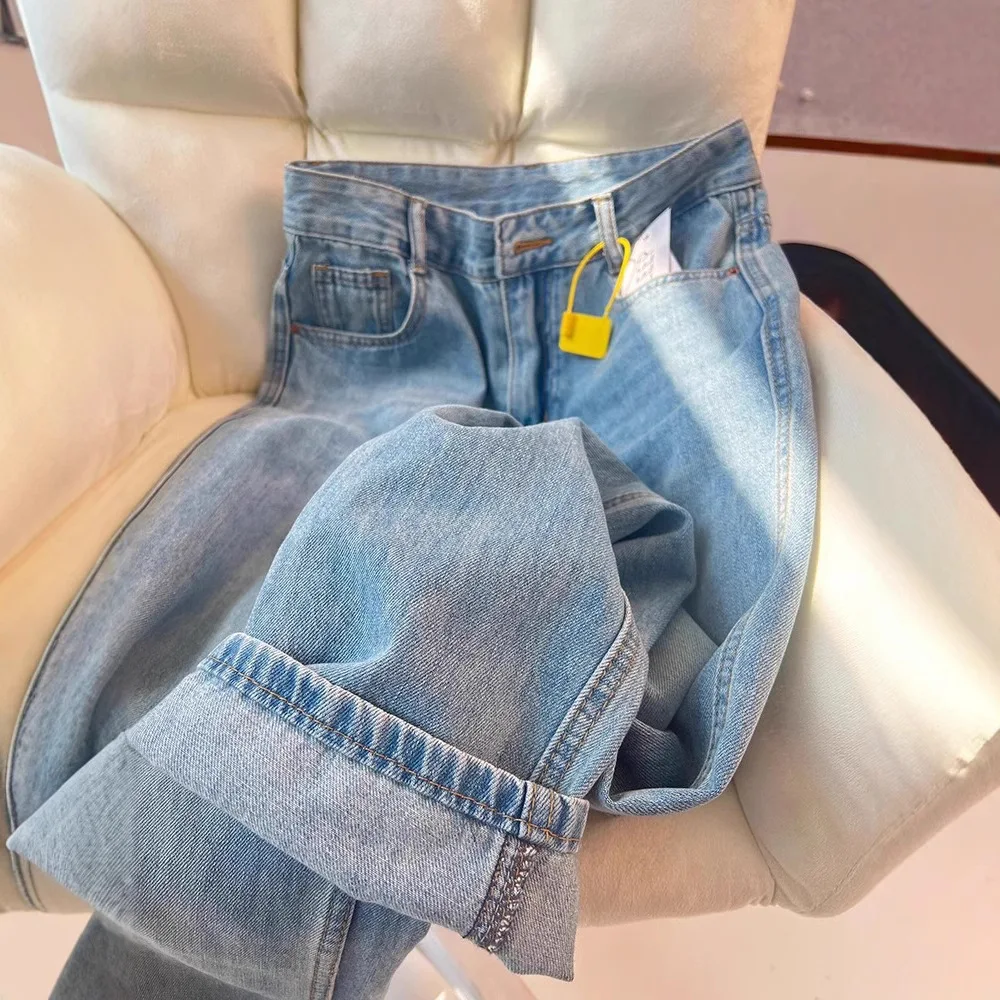 Rits Hoge Taille Losse Denim Broek Volledige Lengte Gewassen Distressed Basics Jeans Wijde Pijpen Broek Dames Rechte Jean