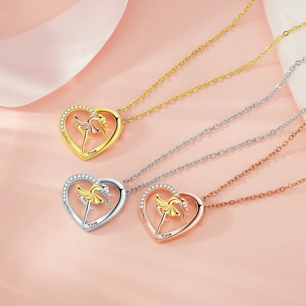 

Custom Name Ballet Girl Necklace Personalized Heart Pendant Necklace Paved CZ Heart Choker Dancer Jewelry Gift For Her Mom Girl