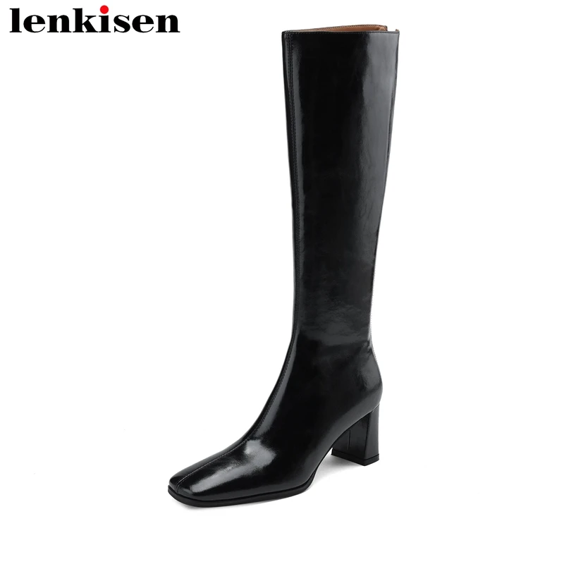 

Lenkisen Cow Leather Square Toe Winter Warm Modern Boots Thick High Heels Gladiator Plus Size Zipper Beauty Thigh High Boots