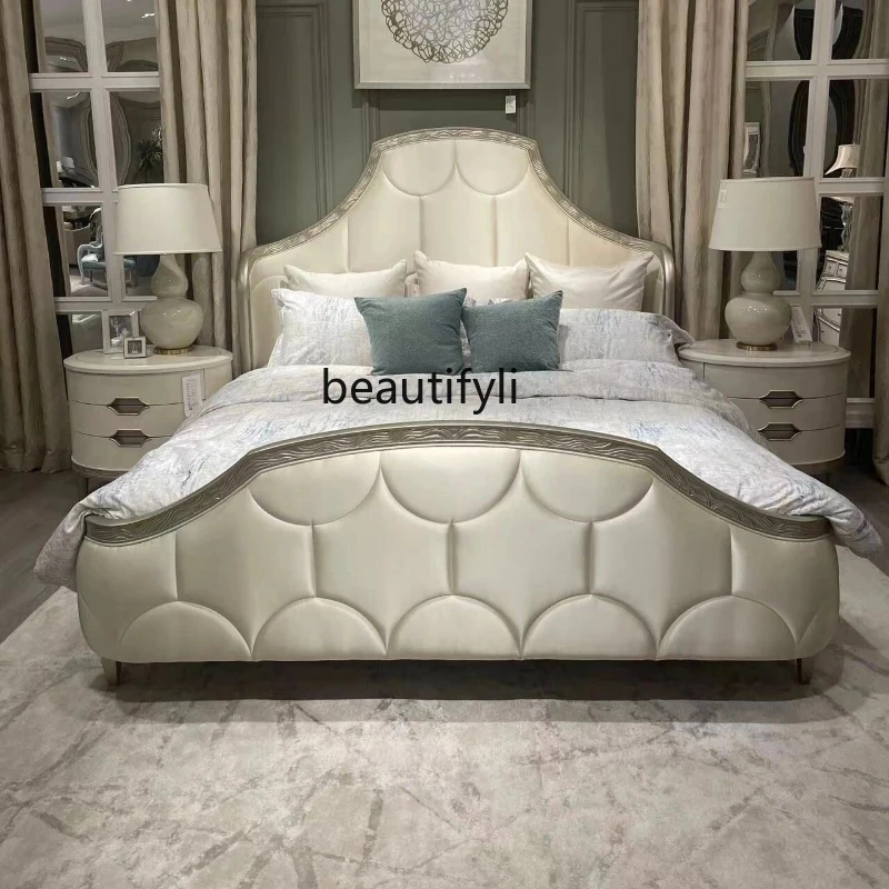 

American Country Modern Simple and Light Luxury Same Style Solid Wood Fabric Back Bed Master Bedroom Solid Wood Carving Pattern