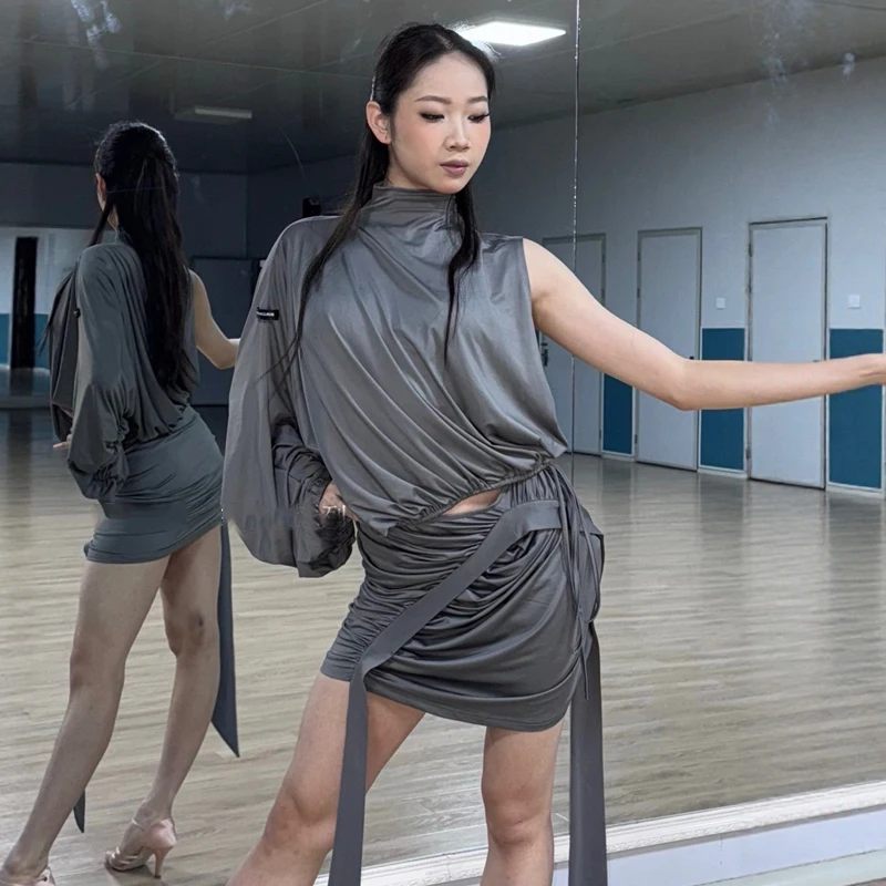 Falda de Rumba latina de una manga para mujer, ropa de Danza moderna para adultos, traje de baile latino Samba, traje de entrenamiento SL14501