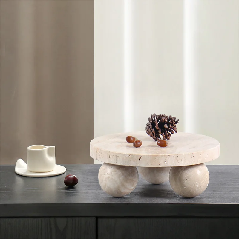 Wabi-sabi Natural Beige Travertine Storage Tray Creative Round High Snacks Desserts Display Trays Home Living Desktop Ornaments