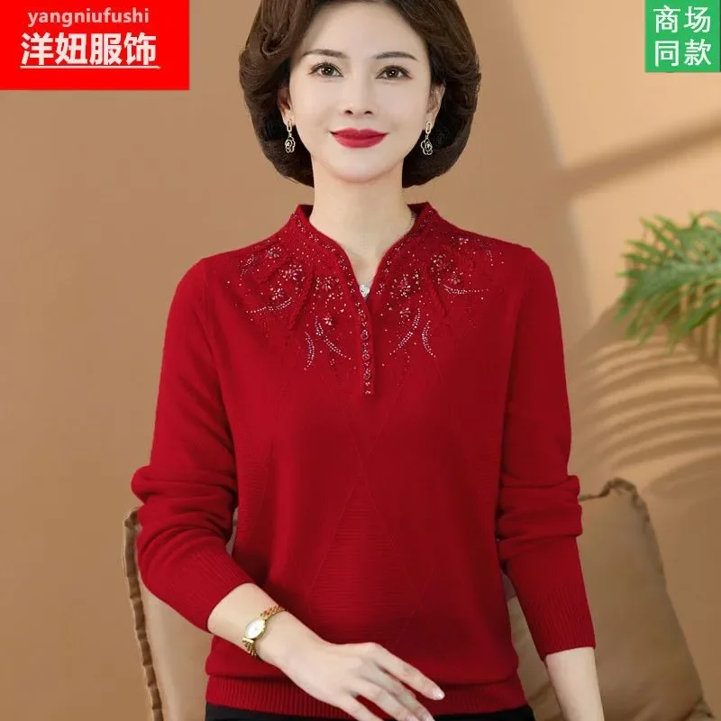 Women's Spring Autumn Sweater Diamond Keep Warm In Winter Plus Size Pullover Wool Korean Fashion Chinese Style Cheongsam Collar