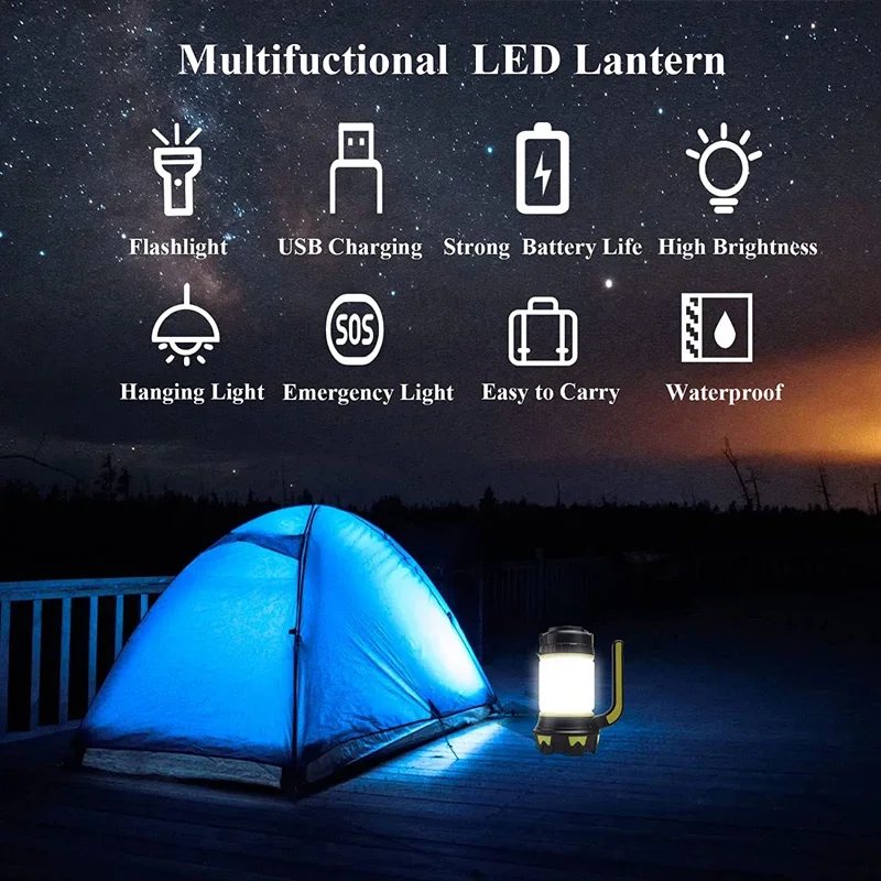 Powerful Flashlight Camping Light USB Rechargeable Camp Light LED Dimmable Spotlight Work Light Waterproof Emergency