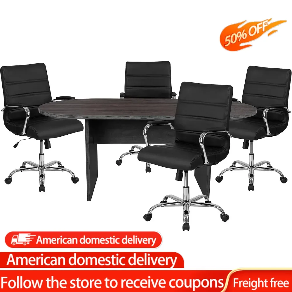 

5 Piece Rustic Gray Oval Conference Table Set with 4 Black and Chrome LeatherSoft Executive Chairs,Rustic Gray,6 inch