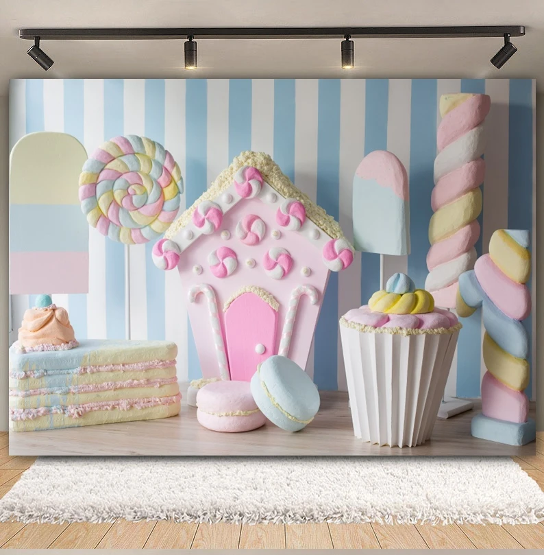 Candy Bar Shop Backdrop for Photography Ice Cream Donuts Cupcake Lollipop Sweet Baby Birthday Party Background Kids Photo Studio