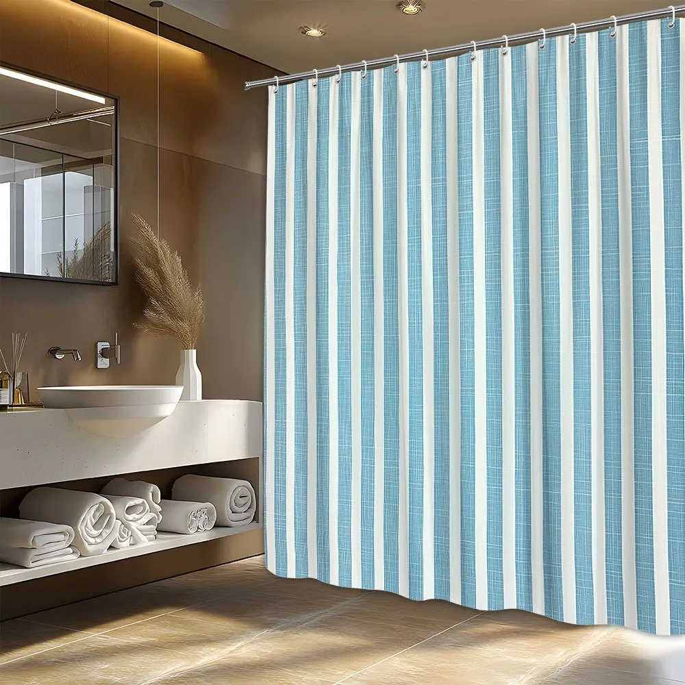

голубая и белая полосатая занавеска для душа, украшение для ванной комнаты, с 12 крючками, всесезонная занавеска для современной ванной комнаты