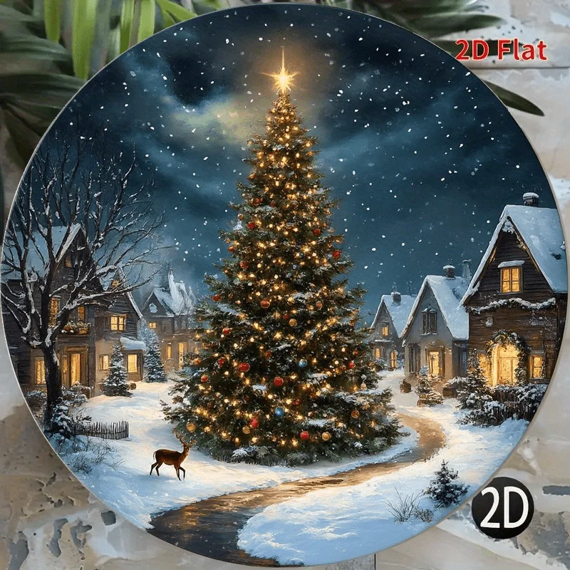 1 Stück Vintage-Wandkunst aus Aluminium – 20,3 x 20,3 cm rundes Weihnachtsbaum- und Geschenkdesign, verschneite Dorfszene mit roten und goldenen Ornamenten, D