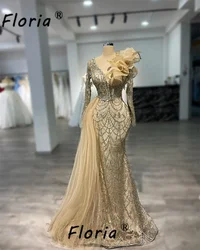 Dubai Gold Ruffles Beaded Mermaid Evening Dresses Stunning Sequin Crystals Wedding Party Gowns African Woman Customized Dresses