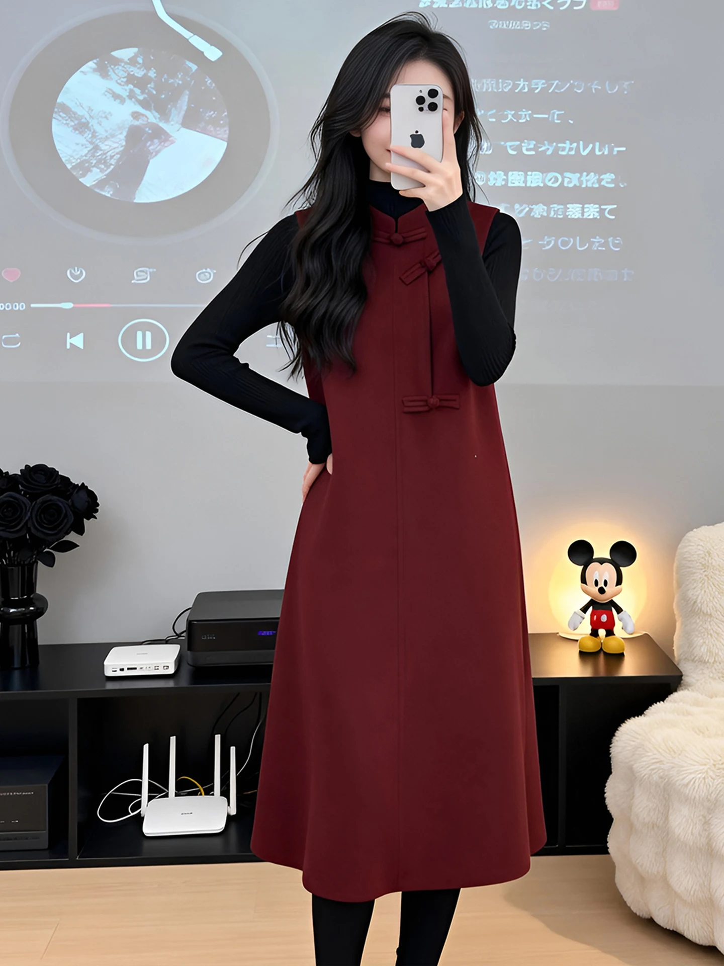 

New Chinese Style Gown Design Sense Vest Skirt Top Winter Fashion Slimming Two-Piece Set Short Sleeve Long Sleeve Stand Collar