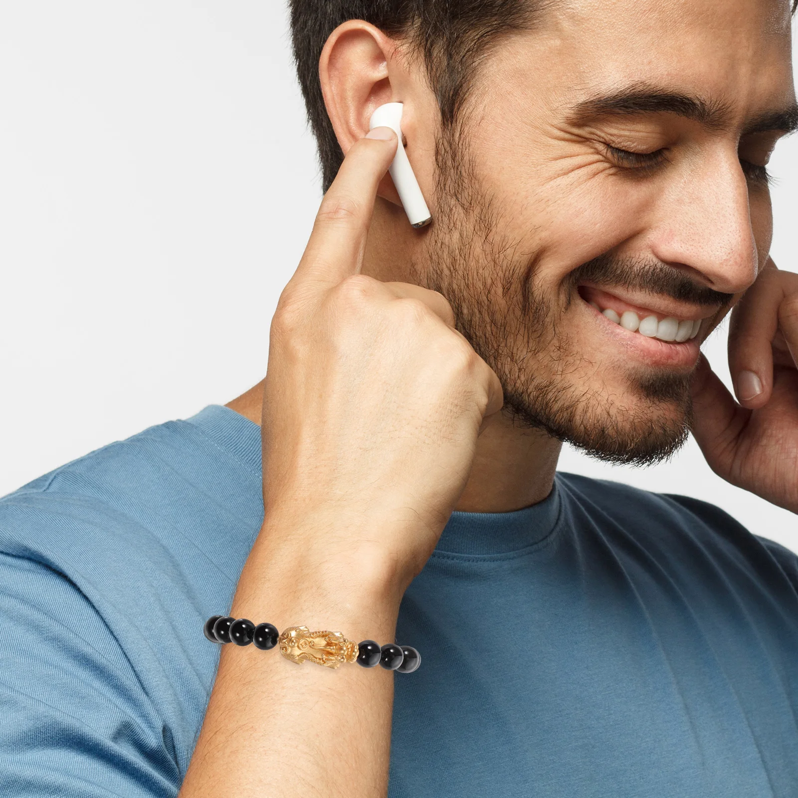 

Браслеты с черным обсидианом, фэн-шуй, богатство, китайские эластичные бусины, регулируемые ювелирные изделия из стерлингового серебра, мужские аксессуары