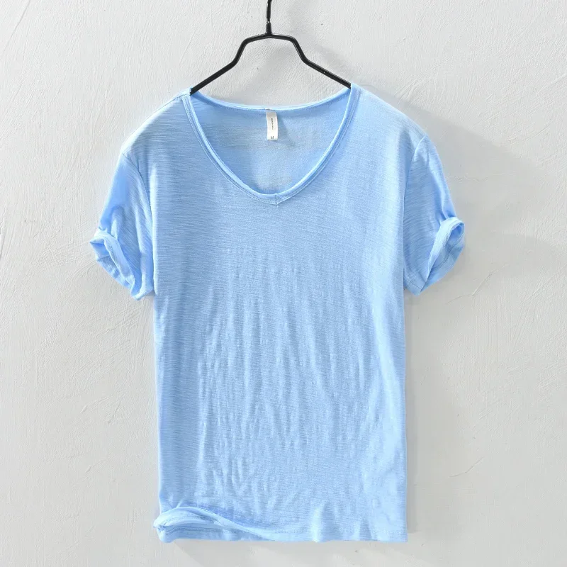 Summer New 100% Cotton T-shirt Men V-neck Solid Color Casual T Shirt Basic Tees Plus Size Short Sleeve Tops Y2449