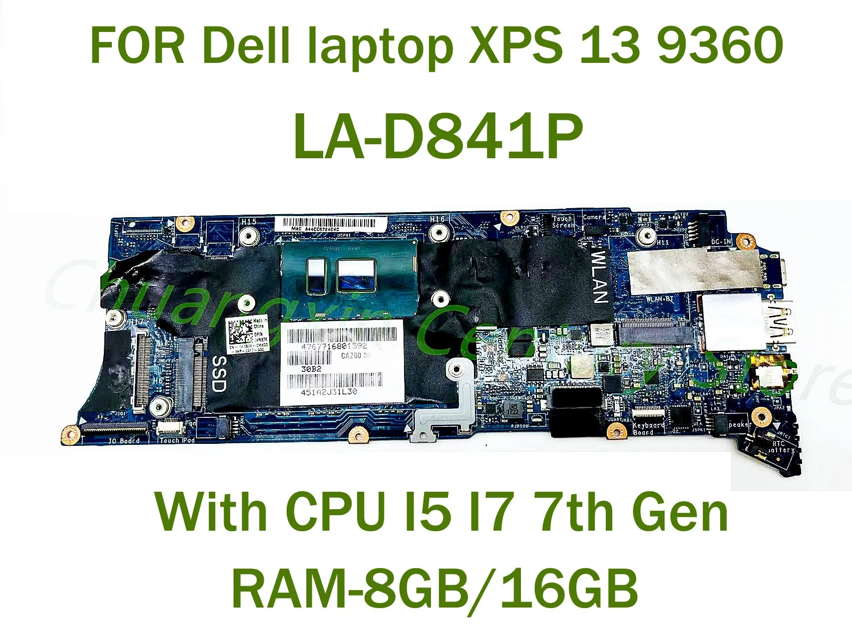 

FOR Dell laptop XPS 13 9360 laptop motherboard LA-D841P with CPU I5 I7-7th Gen RAM-8GB/16GB 100% Tested Fully Work